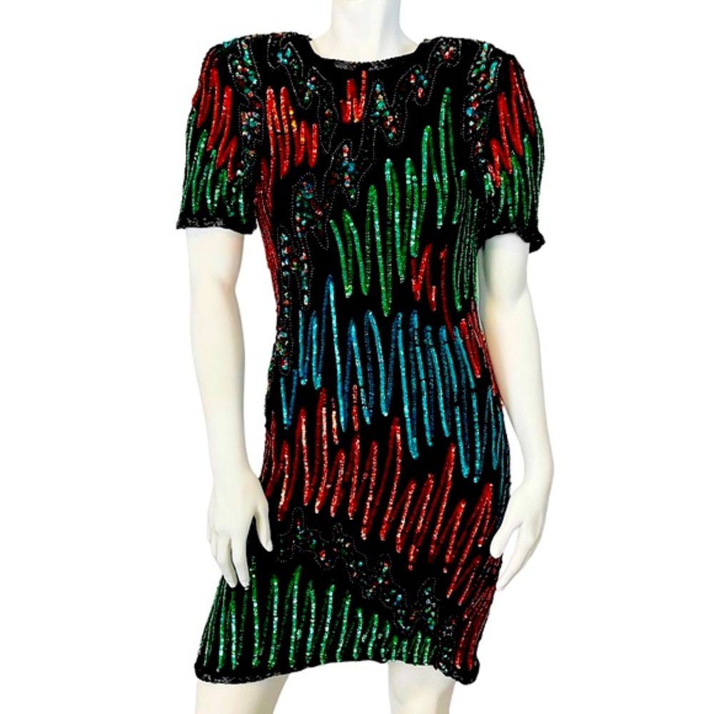 VINTAGE 80s 90s Jewel-tone Sequin Strong Shoulder Cutout Mini Cocktail Dress